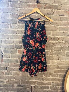 Jella Couture Black Floral Halter Romper with Pink and Green Accents